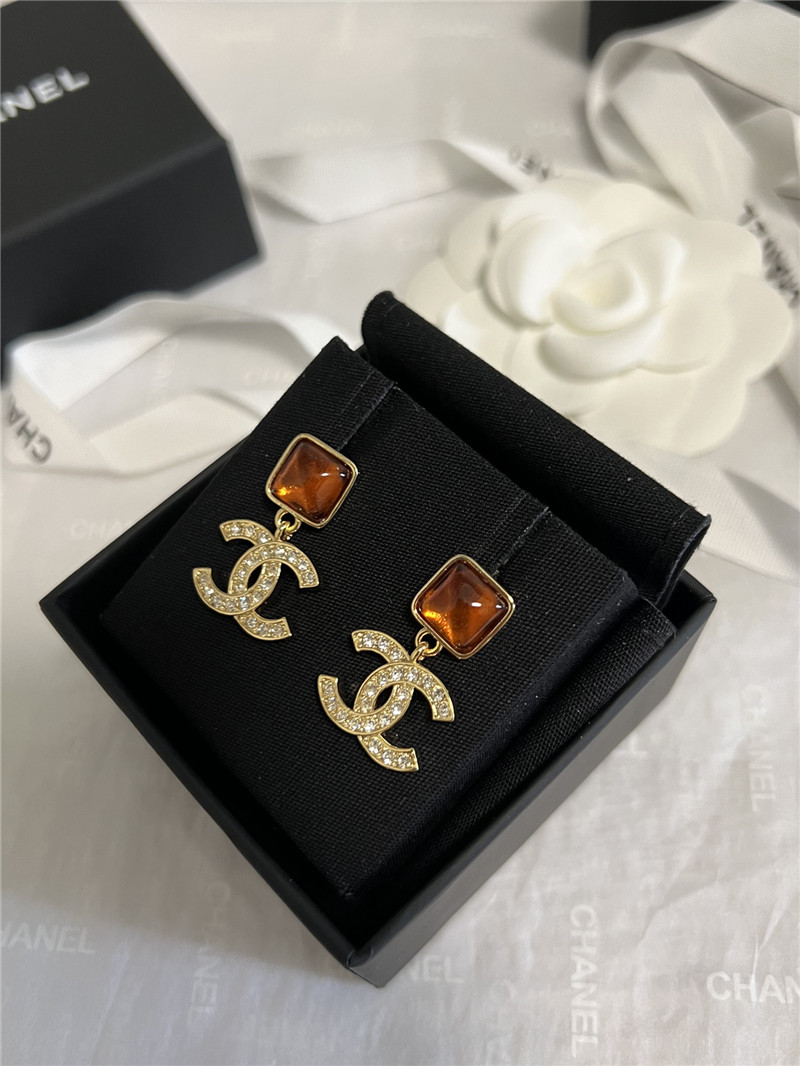 Ch**el orange gem rhinestone double c earrings