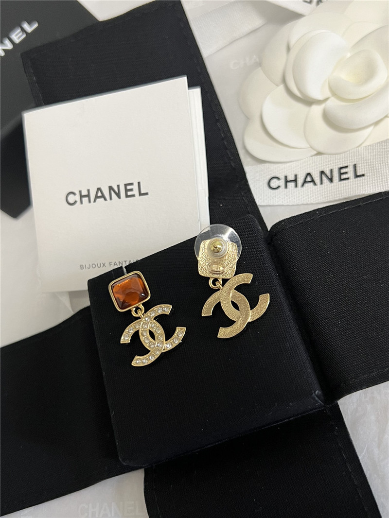 Ch**el orange gem rhinestone double c earrings