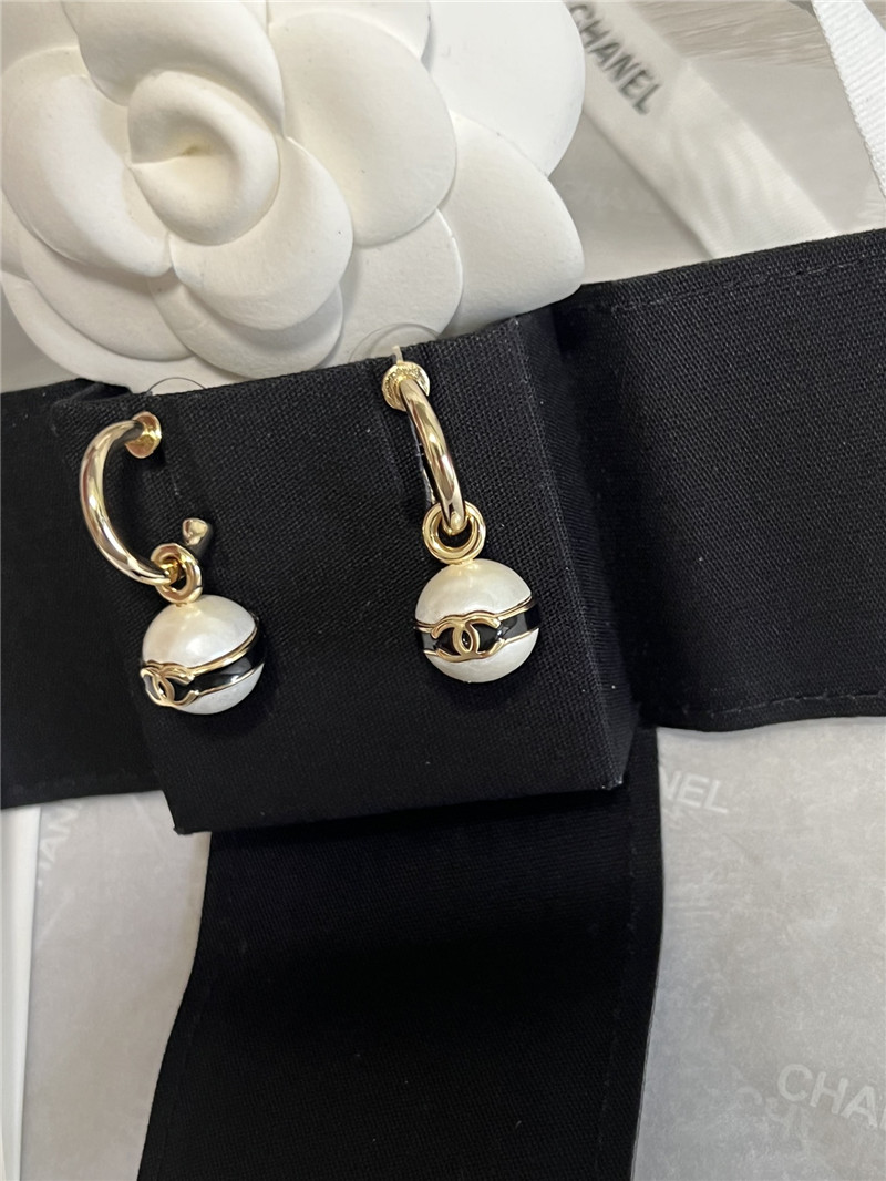 Ch**el pearl bean black enamel double c earrings