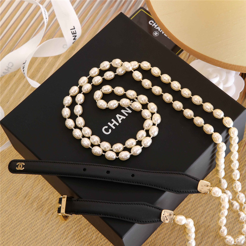 Ch**el classic leather pin buckle with pearl belt