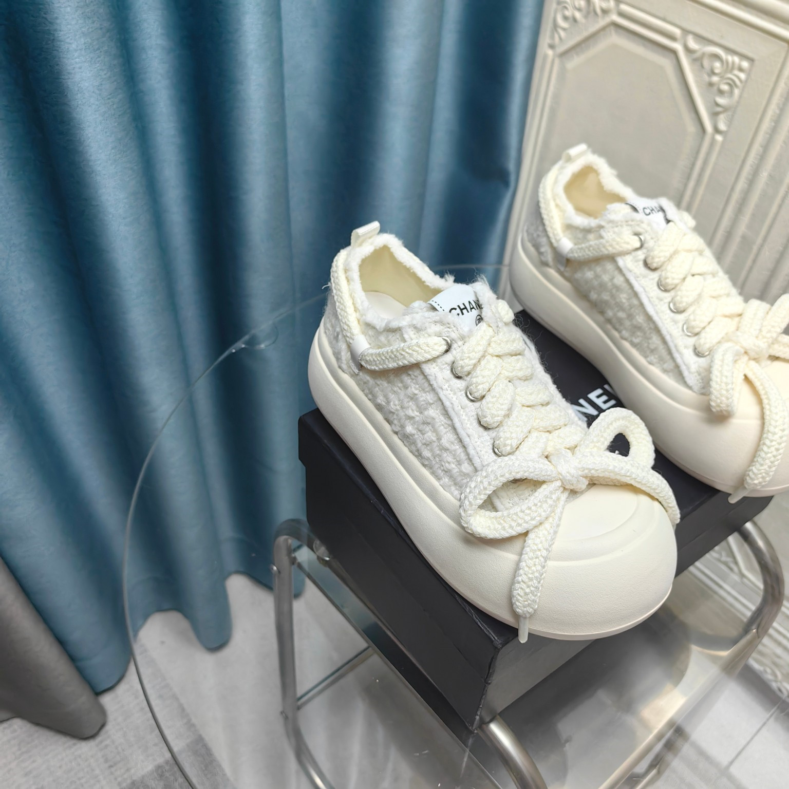 Ch**el white platform canvas sneakers