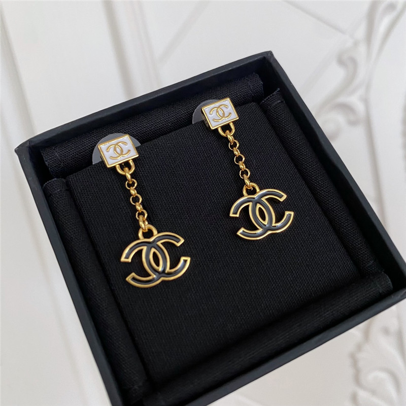 Ch**el white square chain black gold double c earrings