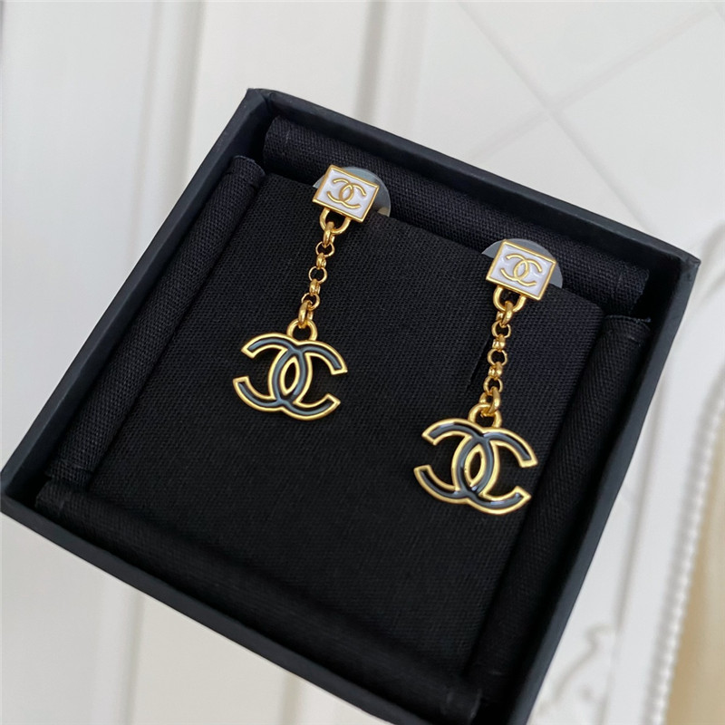 Ch**el white square chain black gold double c earrings