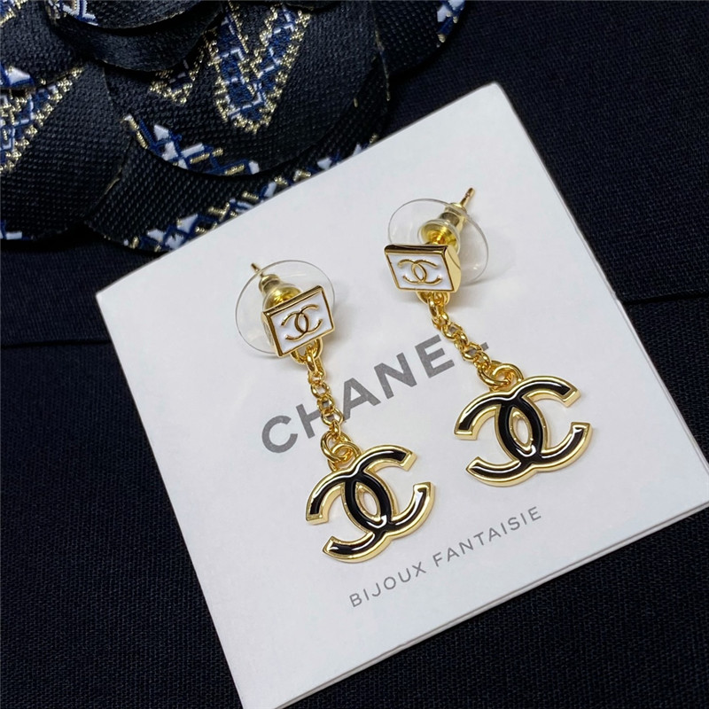 Ch**el white square chain black gold double c earrings