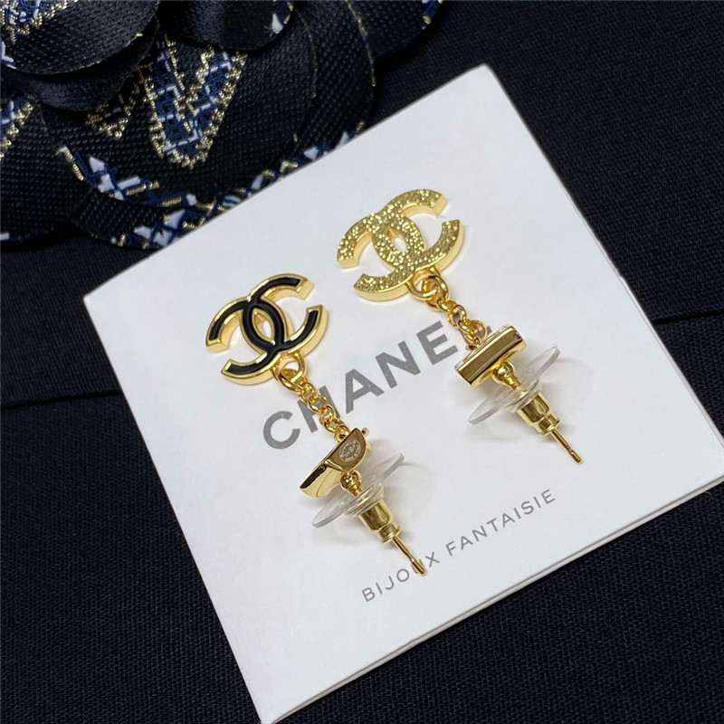 Ch**el white square chain black gold double c earrings