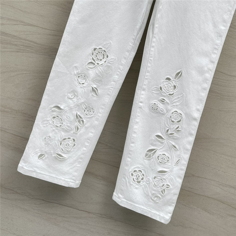 Ch**el hollow embroidered denim trousers replica clothing sites