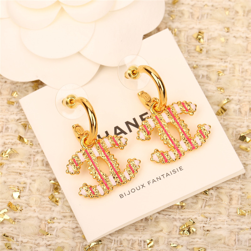 Ch**el vertical stripe enamel double c earrings