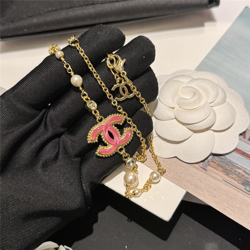 Ch**el pink glass pearl and rhinestone necklace