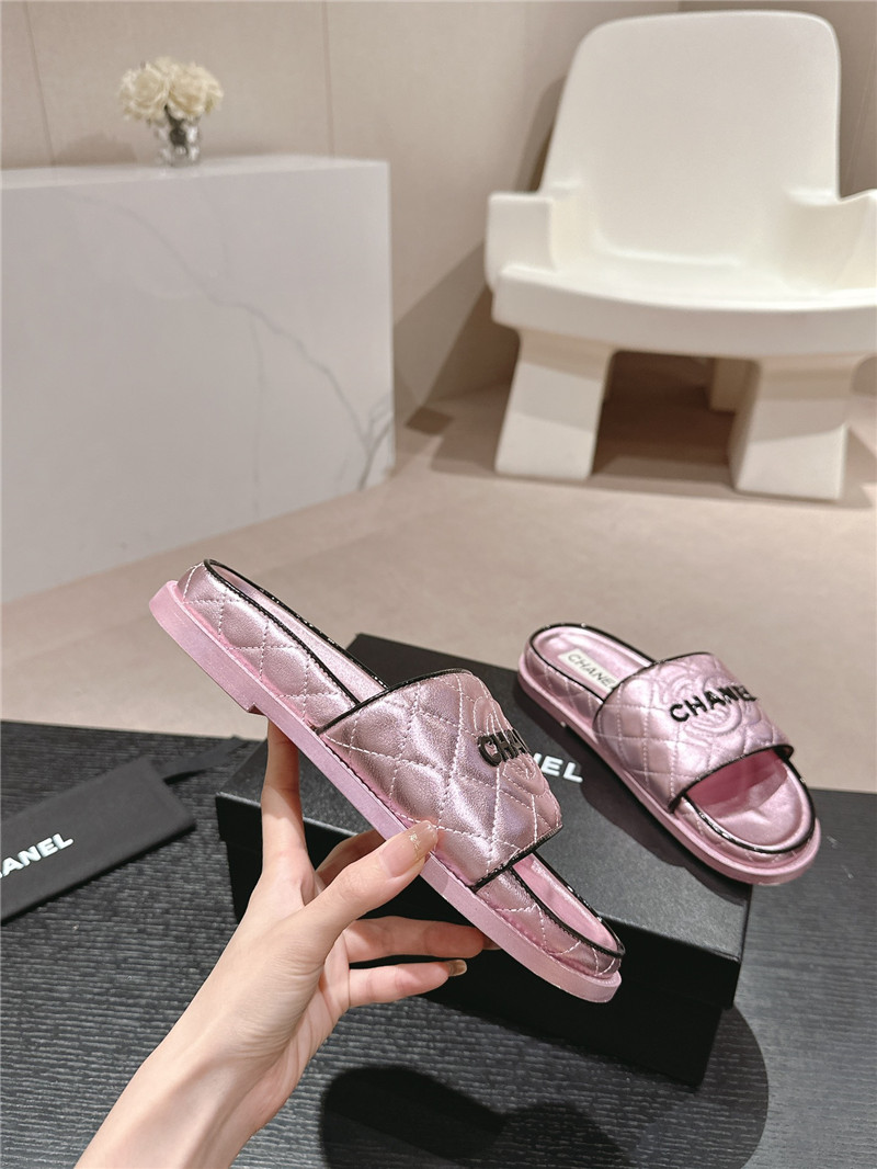 Ch**el lambskin quilted textured mules sandals purple