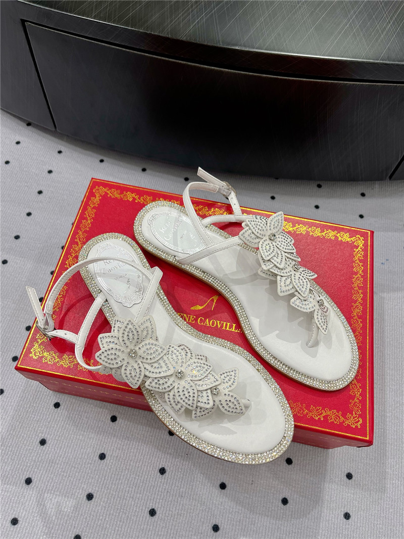 Rene Caovilla White Flat Flowers Sandals