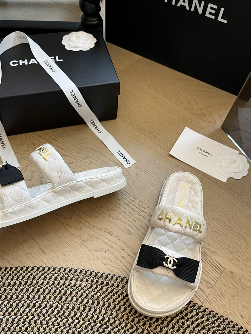 Ch**el white bow double c platform slippers