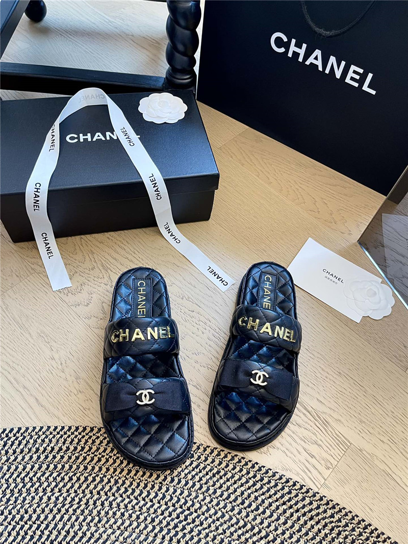 Ch**el black bow double c platform slippers