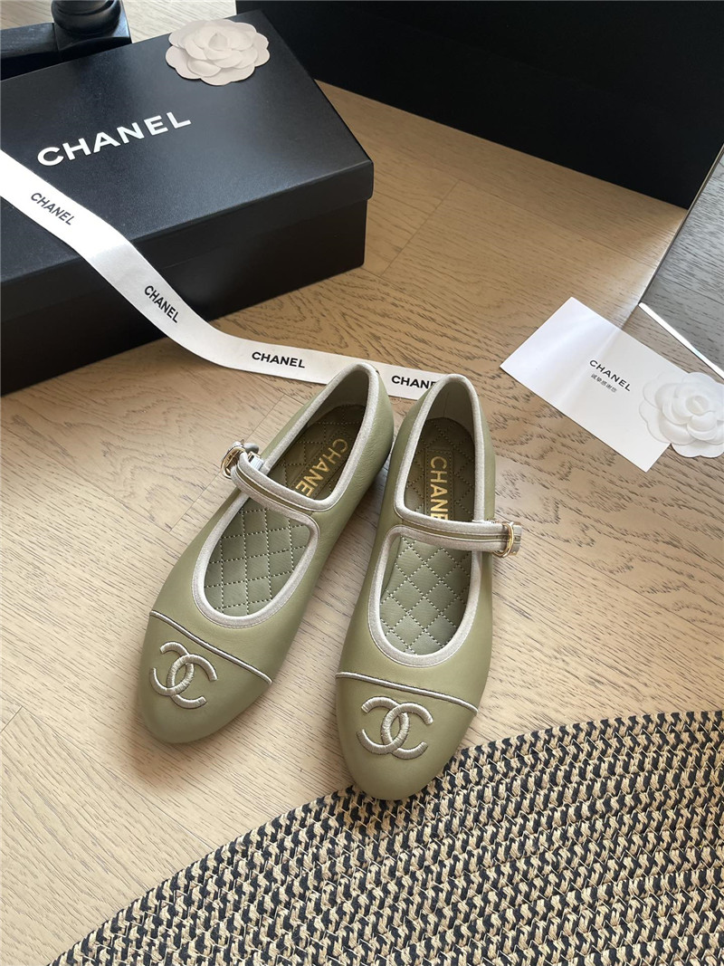 Ch**el mary janes green leather ballet flats
