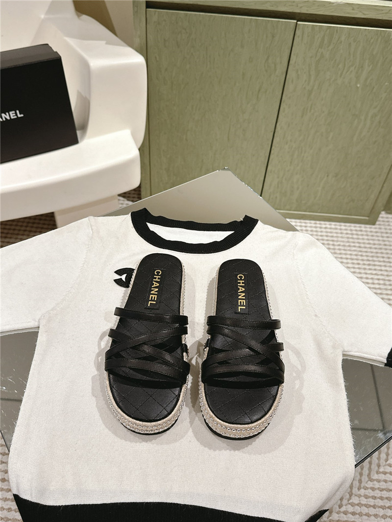 Ch**el logo espadrilles black leather slides