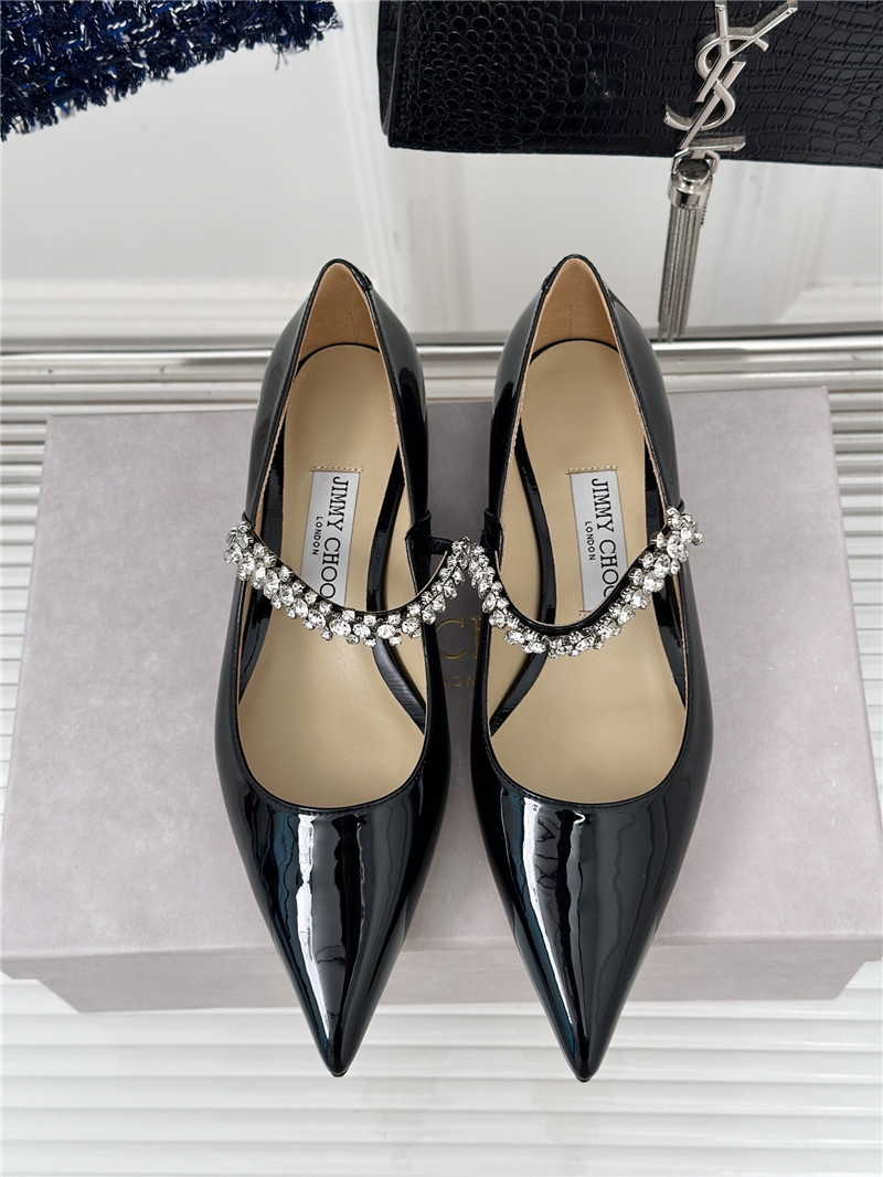 J1m*y Ch00 bing 25 crystal strap patent leather flats black