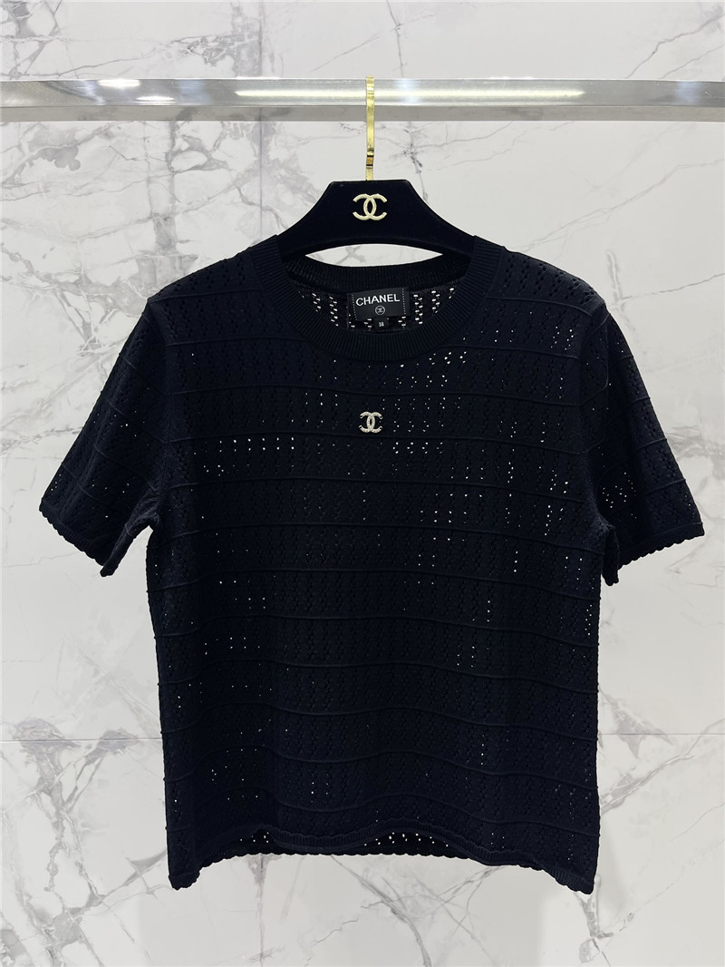 Ch**el logo hollow knitted t-shirt in black