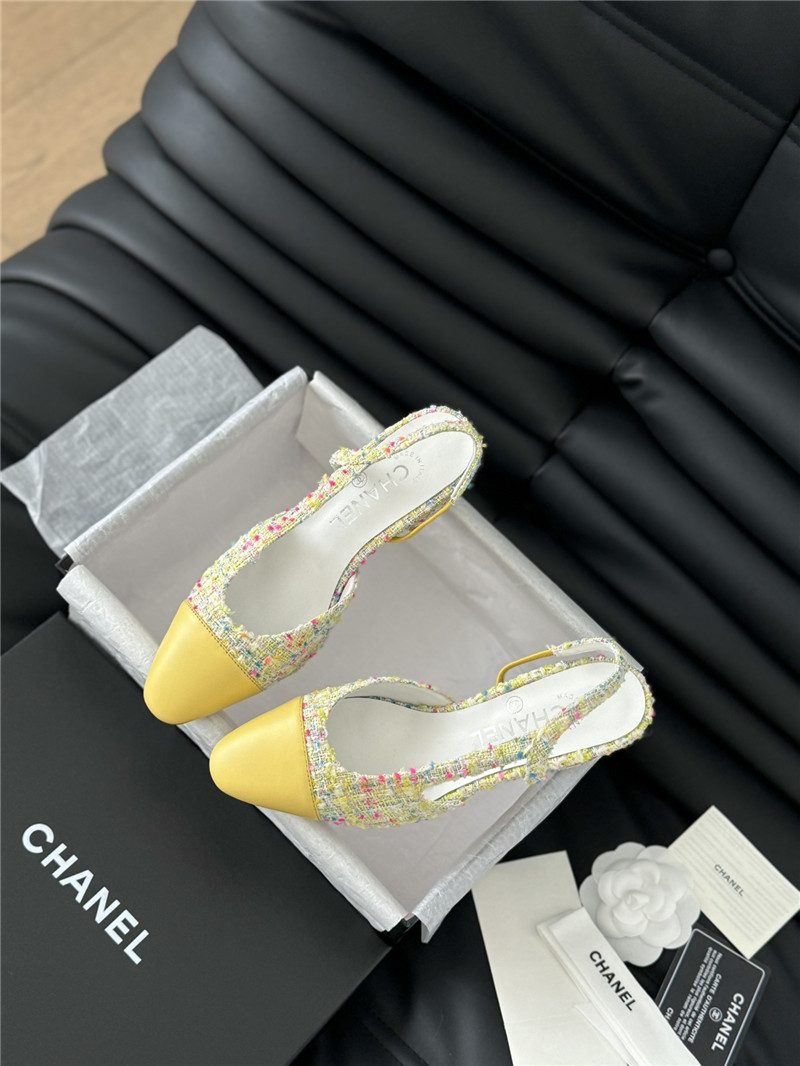 Ch**el tweed yellow lambskin cap toe slingback pumps