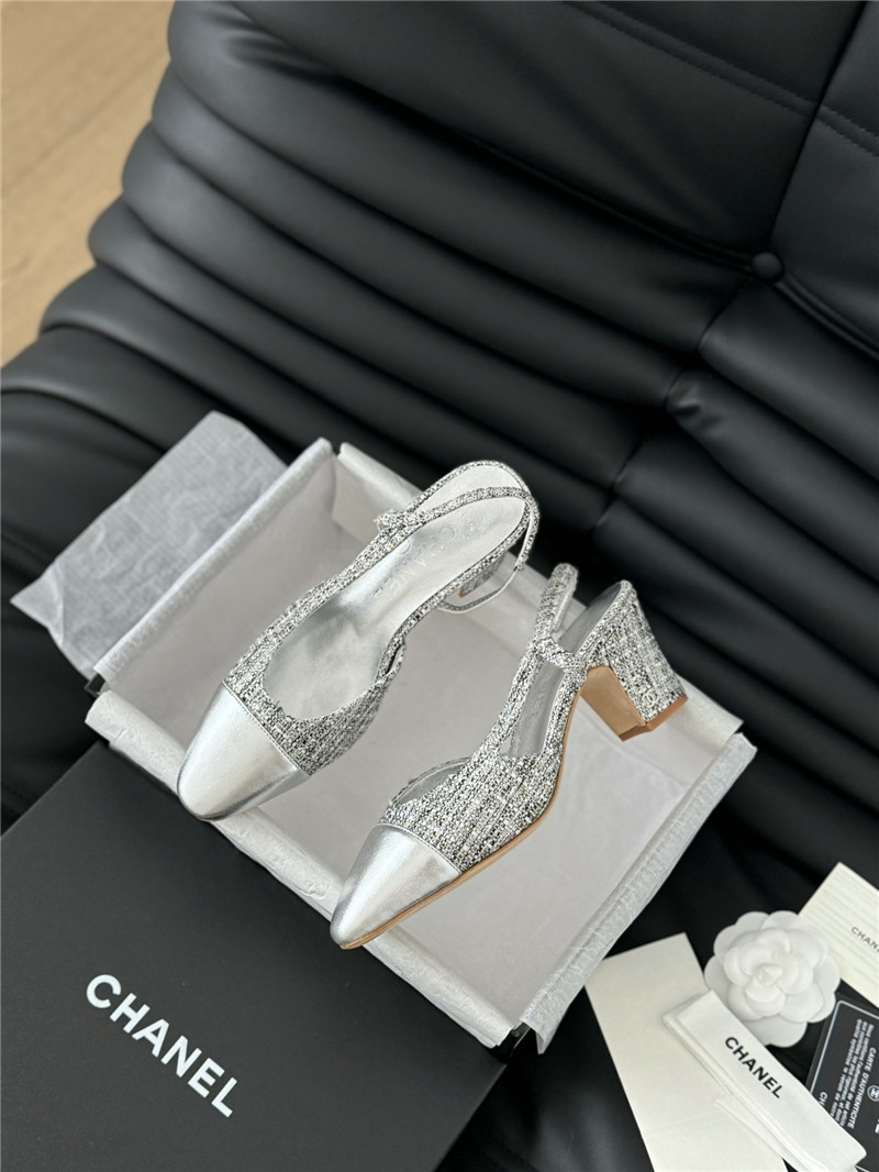 Ch**el tweed silver lambskin cap toe slingback pumps