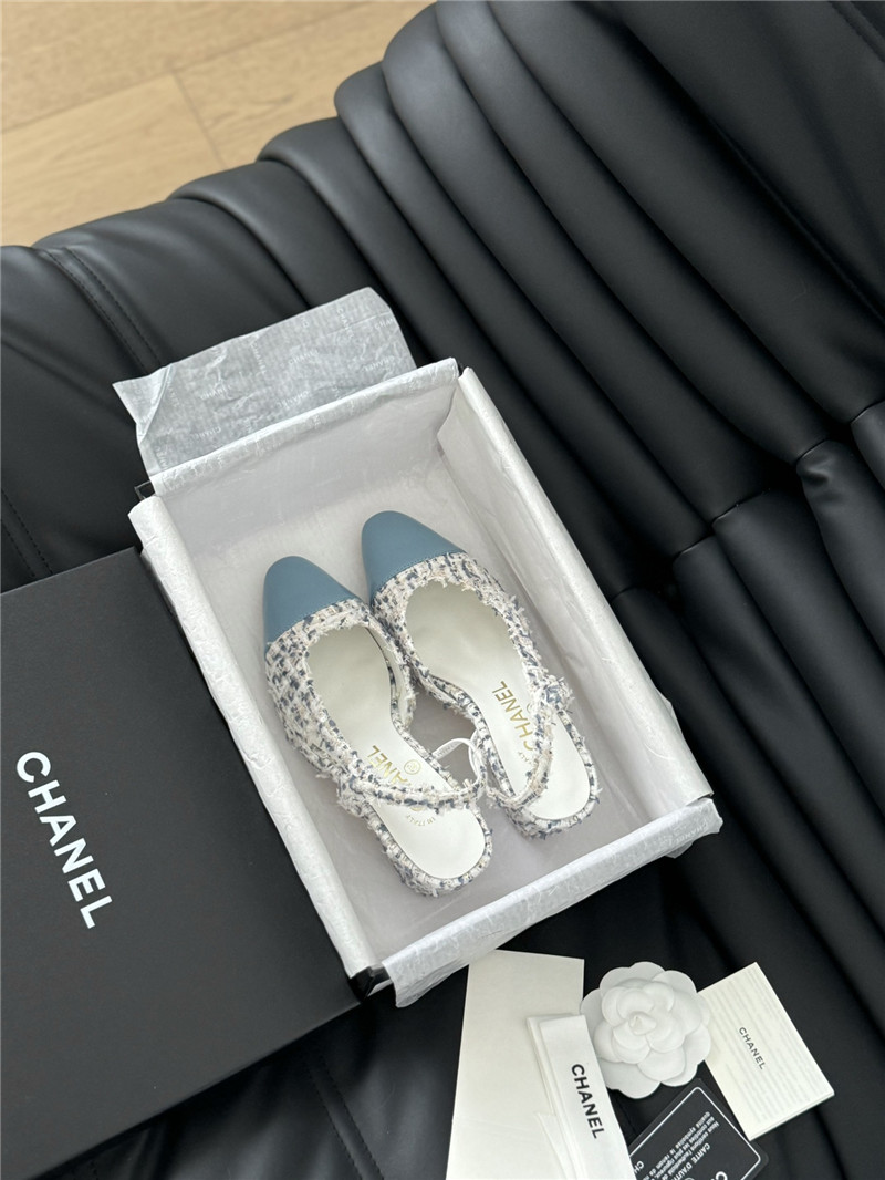 Ch**el tweed lambskin cap toe slingback pumps