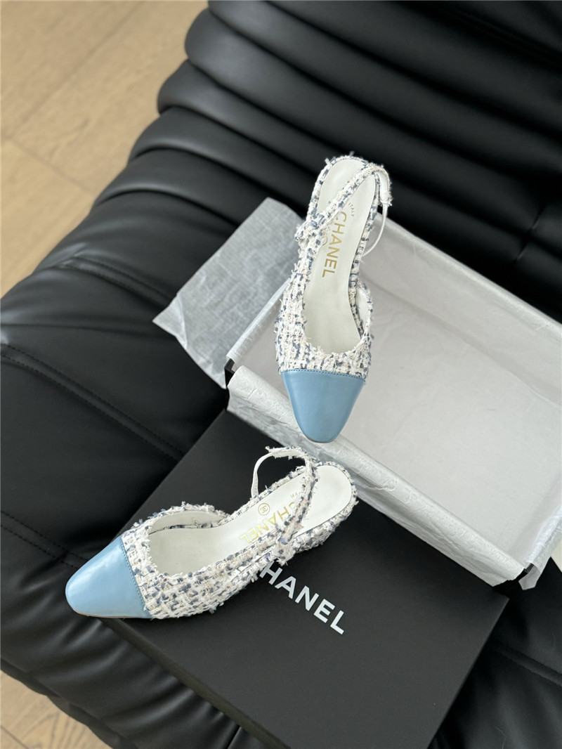Ch**el tweed lambskin cap toe slingback pumps