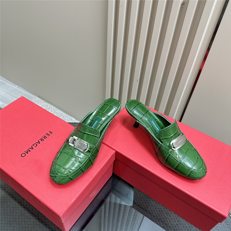 Ferragamo 55mm Green Crocodile-Effect Leather Mules