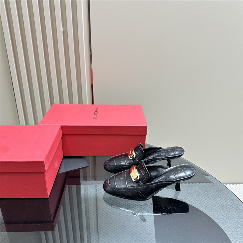 Ferragamo 55mm Crocodile-Effect Leather Mules in Black