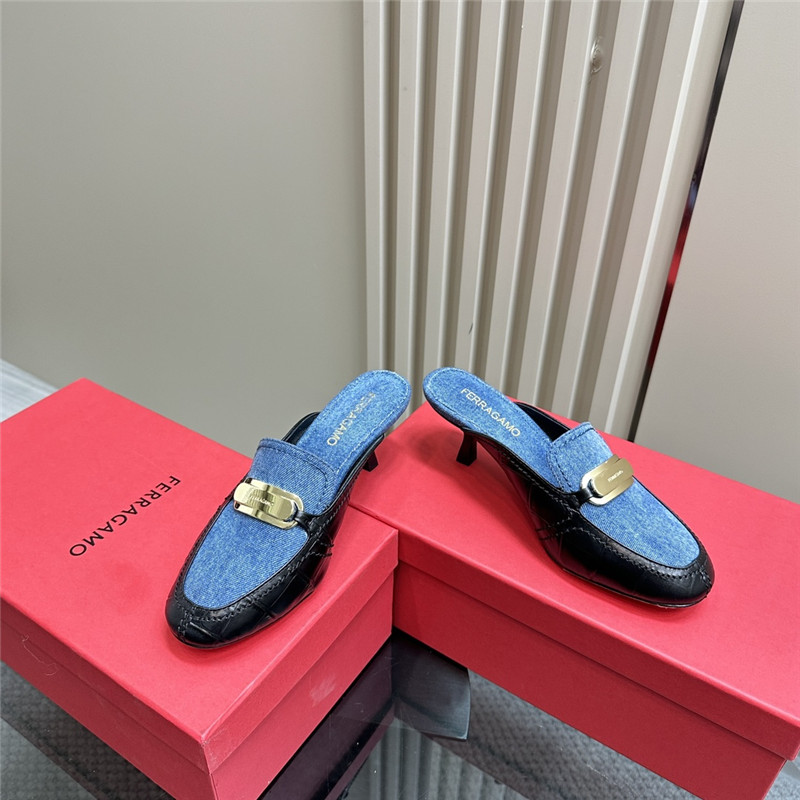 Ferragamo 55mm Crocodile-Effect Leather Mules in Blue