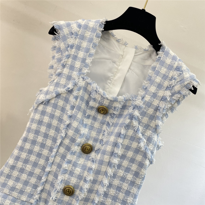 Balmain blue and white plaid fringe dress replica clothes