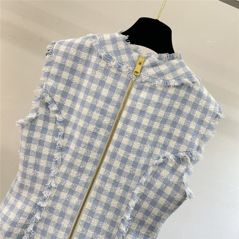 Balmain blue and white plaid fringe dress replica clothes