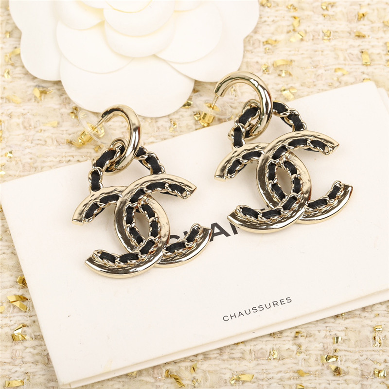 Ch**el leather chain double c earrings