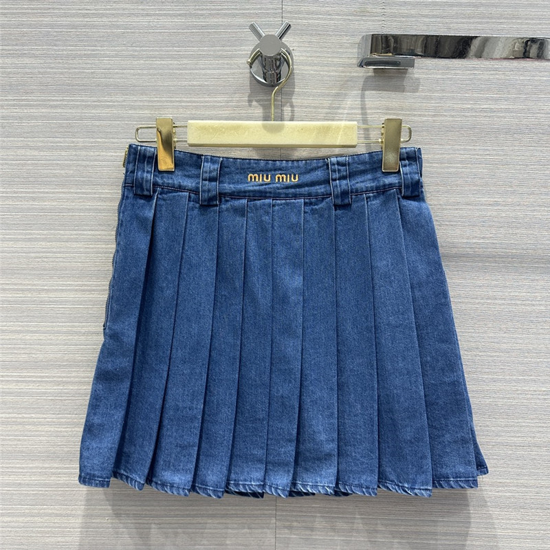M1um1u soft denim low waist pleated short skirt replica clothes