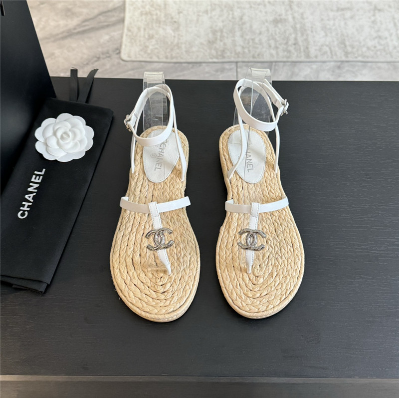 Ch**el logo t-strap raffia sandals in white