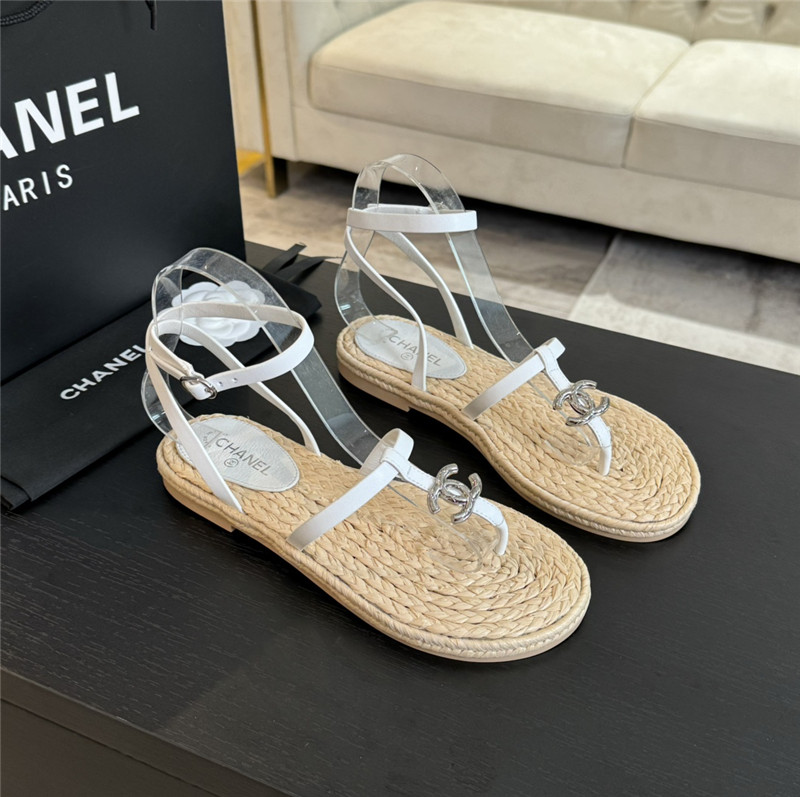 Ch**el logo t-strap raffia sandals in white