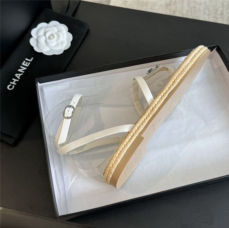 Ch**el logo t-strap raffia sandals in white