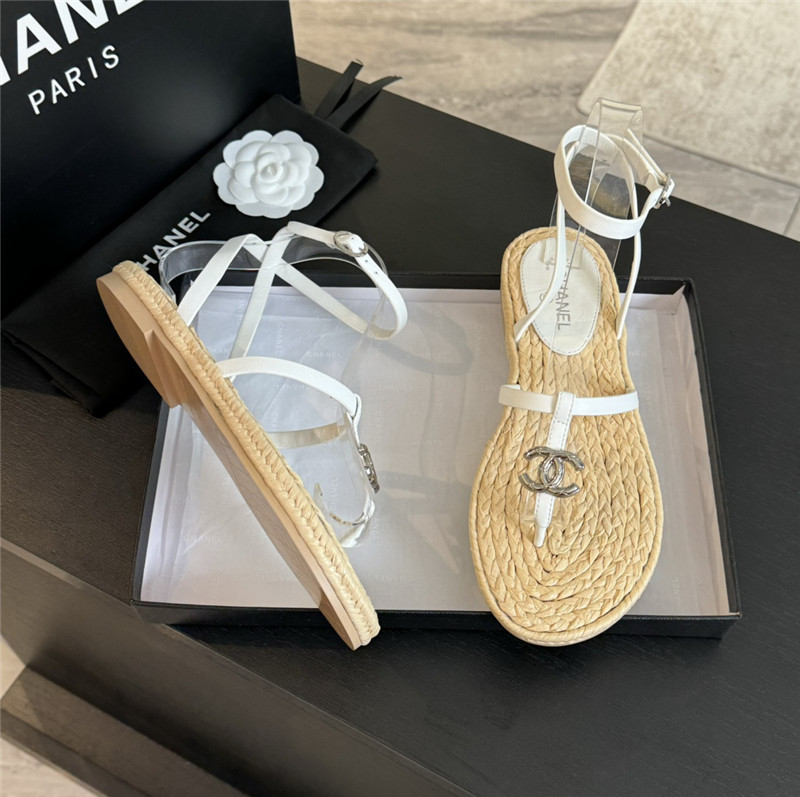 Ch**el logo t-strap raffia sandals in white