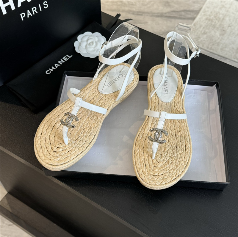 Ch**el logo t-strap raffia sandals in white