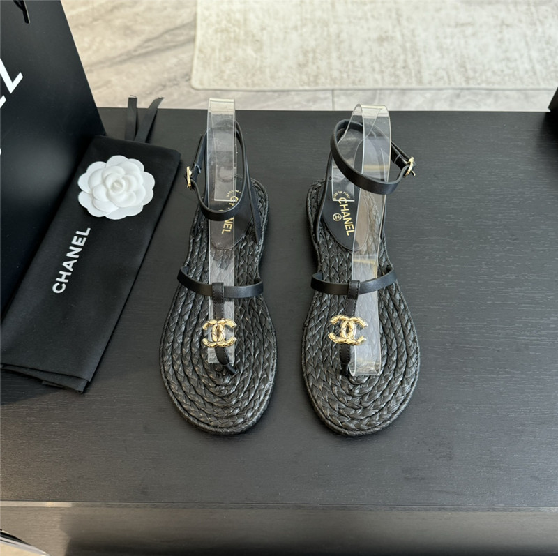 Ch**el logo t-strap raffia sandals in black
