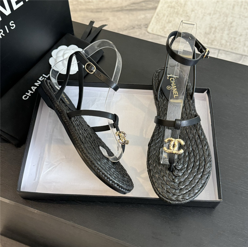 Ch**el logo t-strap raffia sandals in black