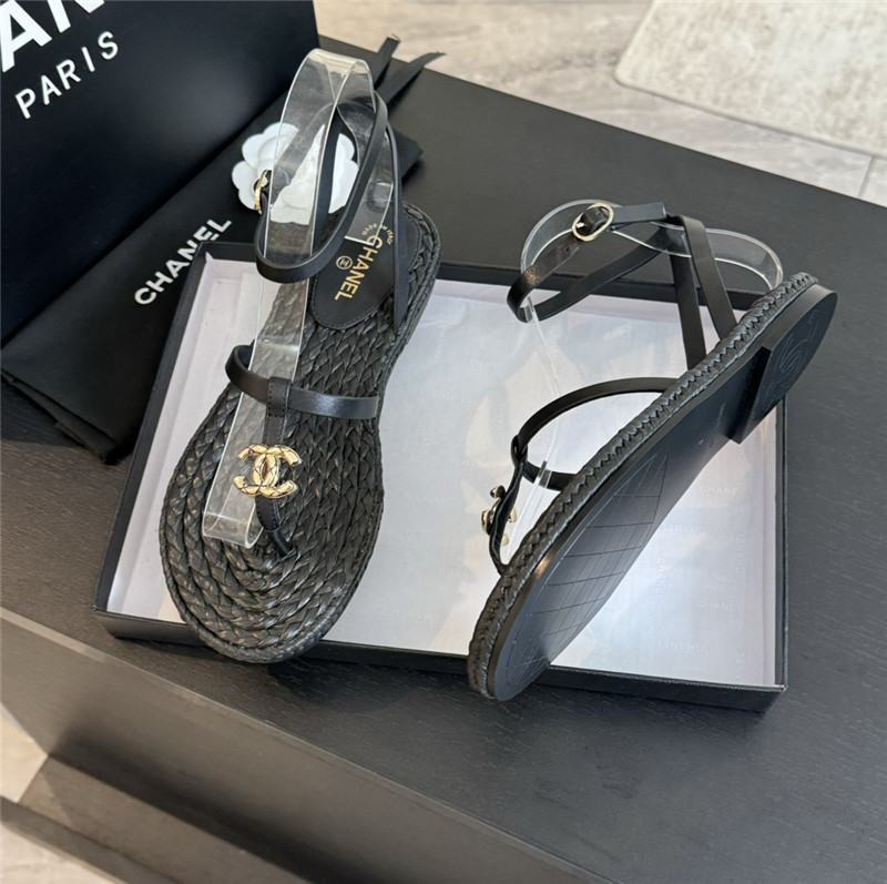 Ch**el logo t-strap raffia sandals in black