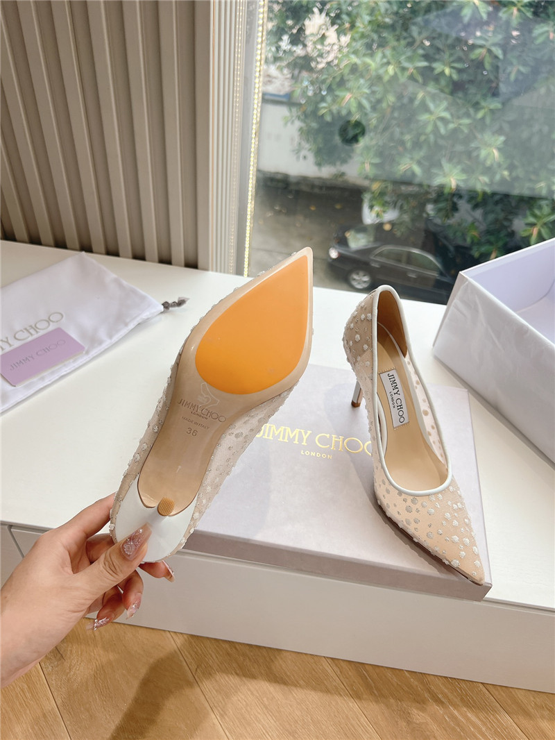 J1m*y Ch00 white mesh pumps with dégradé crystals