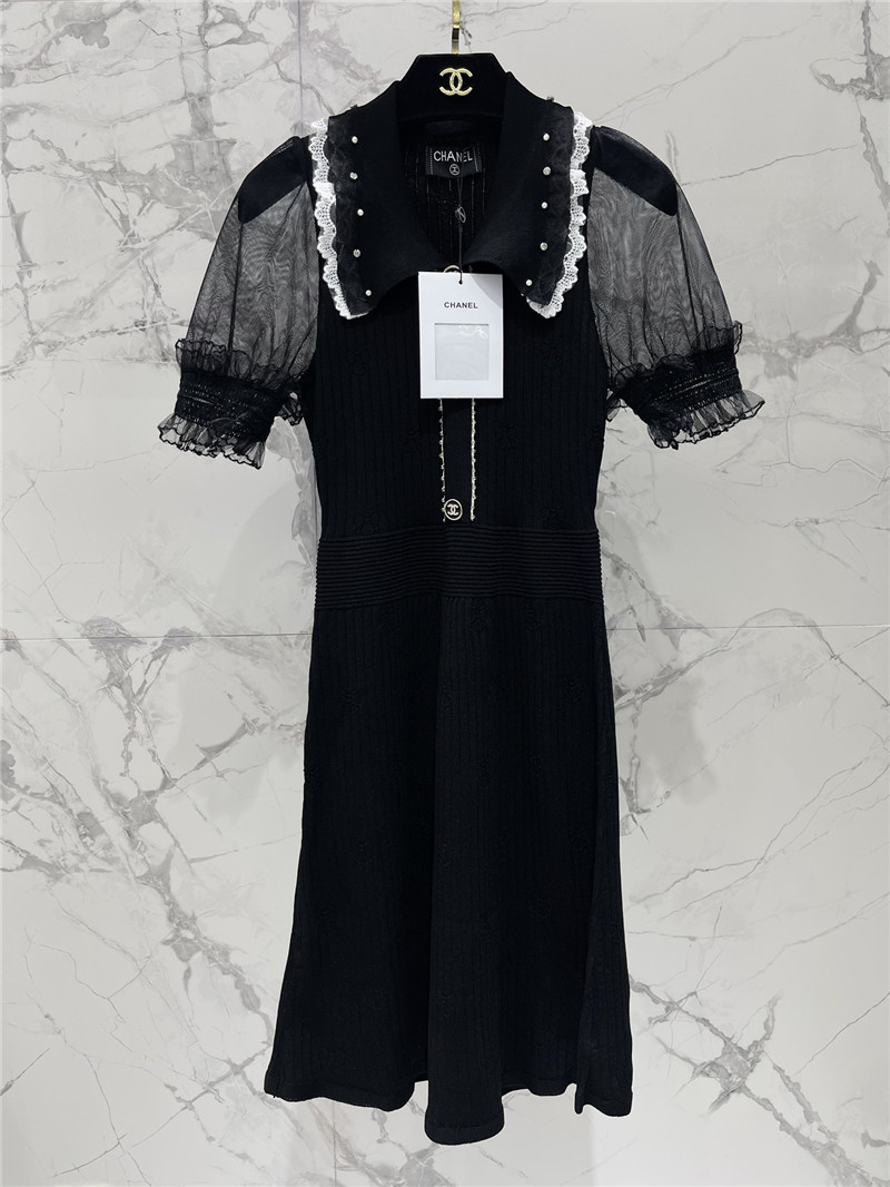 Ch**el lace logo button lapel knit dress replica clothing