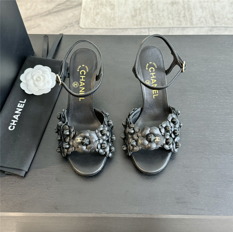 Ch**el camellia strap high heel sandals black