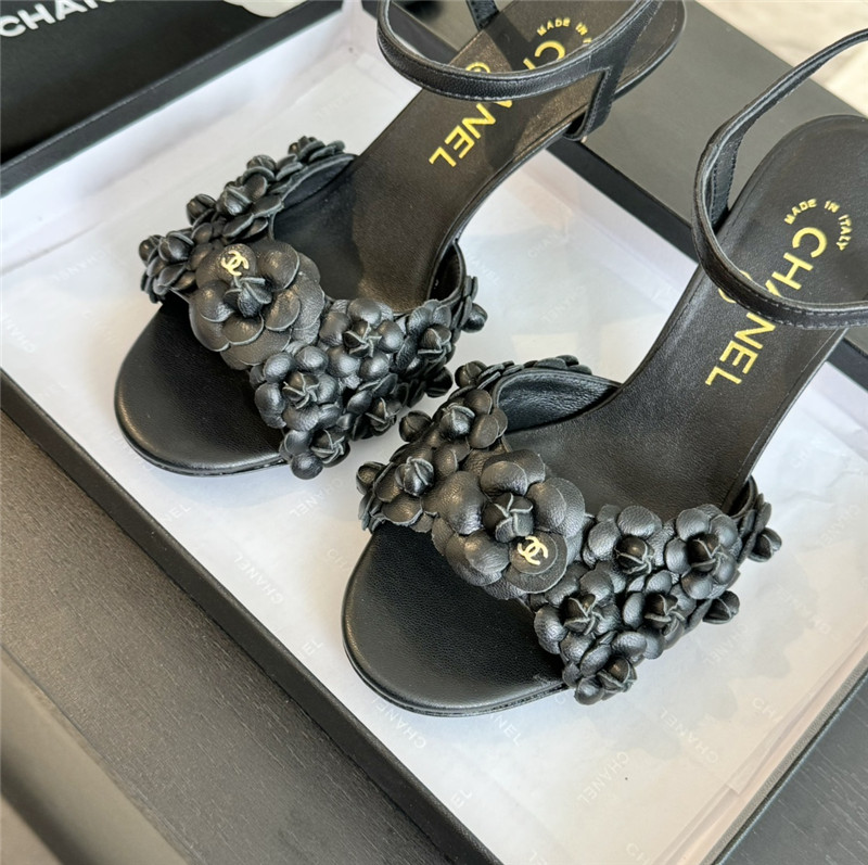 Ch**el camellia strap high heel sandals black