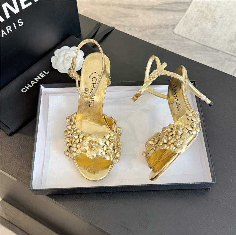 Ch**el camellia strap high heel sandals gold