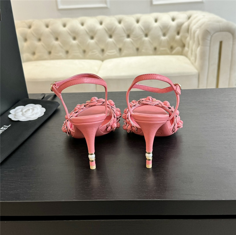 Ch**el camellia strap high heel sandals rose red