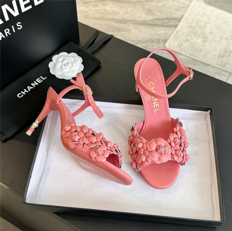 Ch**el camellia strap high heel sandals rose red