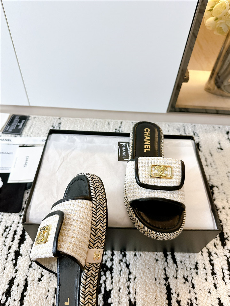 Ch**el tweed black calfskin slippers