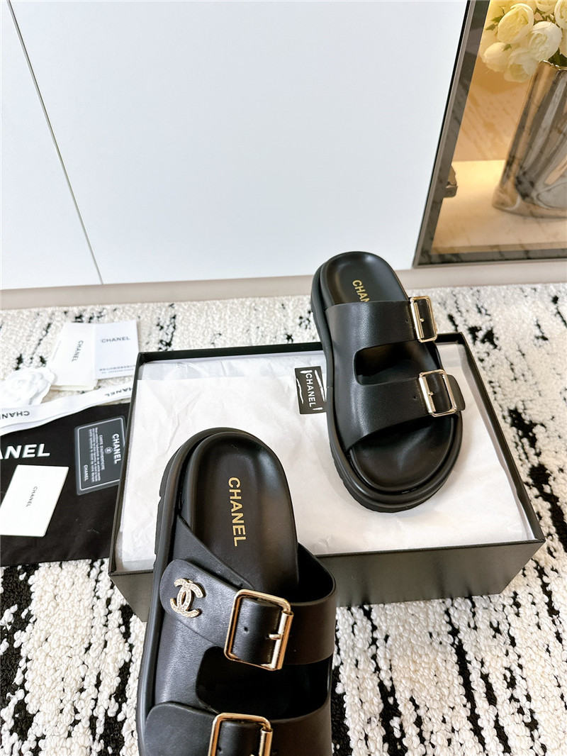 Ch**el buckle platform slippers sandals black