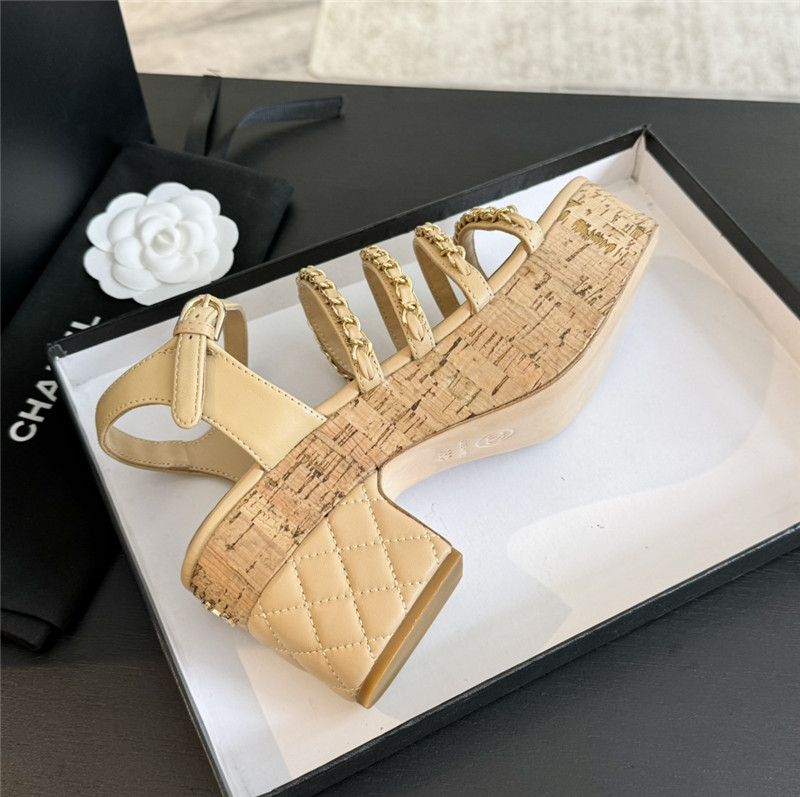 Ch**el leather chain platform sandals beige