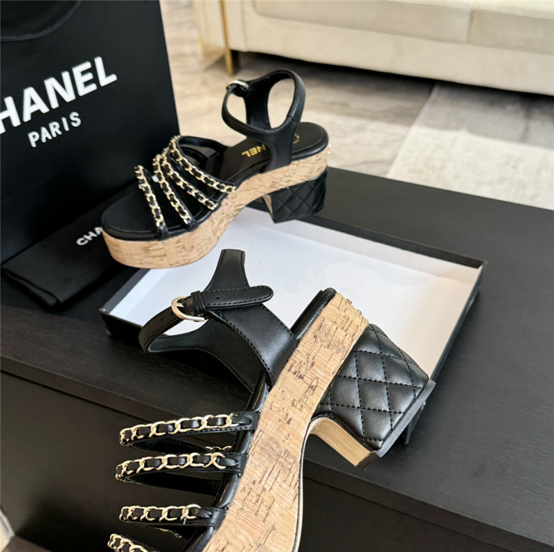 Ch**el leather chain platform sandals black